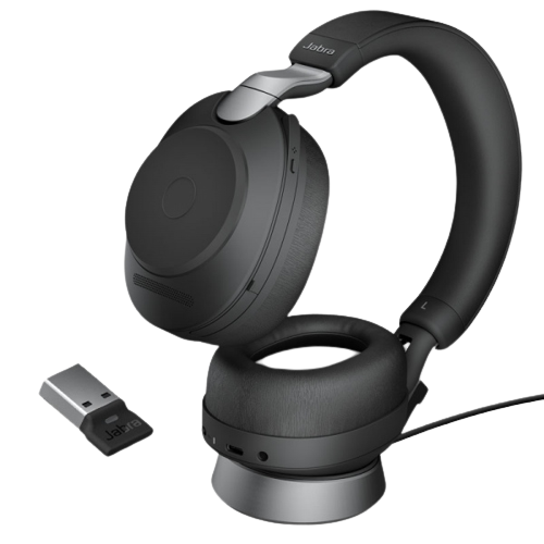 Jabra Evolve2 85 Link380a Stereo Black con base de Carga, Auricular stereo con cancelación de ruido activa, dongle link380 USB-A, 37 horas de batería, Aislamiento de ruido con cancelación activa de ruido