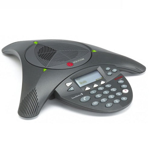 SoundStation2 (analog) conference phone with display. Non-expandable. Includes 110V-120V AC power/telco module with NA plug, 6.4m/21ft console cable, 2.8m/9ft telco cable.
